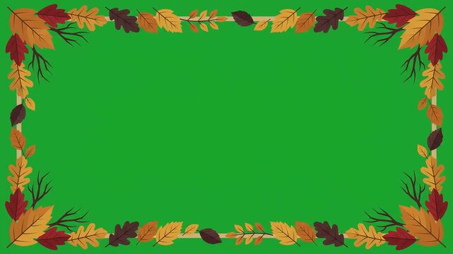 Autumn leaves border frame, green screen chroma key background, seasonal holiday video overlay. Motion graphics background for commercial marketing and social media content creation.