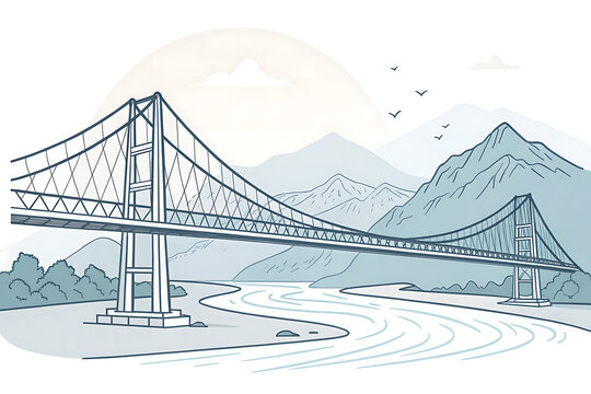 Rishikesh suspension bridge line-art, soft mountain background, minimalist style