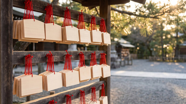 Blank wooden ema votive plaques hanging at japanese shrine for new year prayers