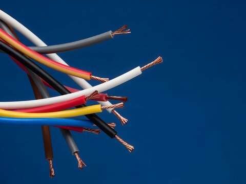 Close-up of various disconnected electrical wires on blue background