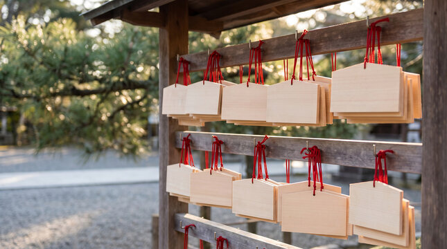 Rows of blank ema plaques with red cords at shinto shrine during hatsumode season