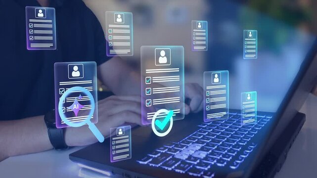 AI recruitment system for smart hiring, human resources management technology and automation in business. Automated resume screening and candidate evaluation using AI. 
