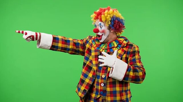 Funny clown pointing and laughing over green background screen