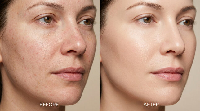 Before and After: Woman's Face Before and After Applying Foundation Makeup
