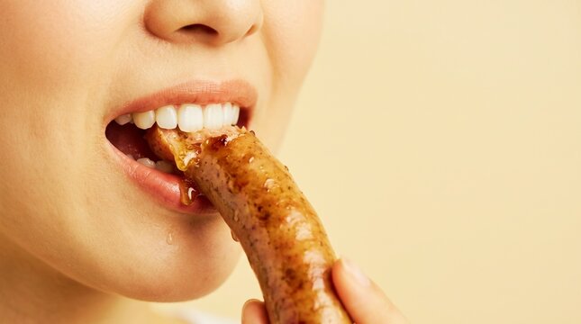 Close-up of a woman&rsquo;s mouth as she savors a sausage
