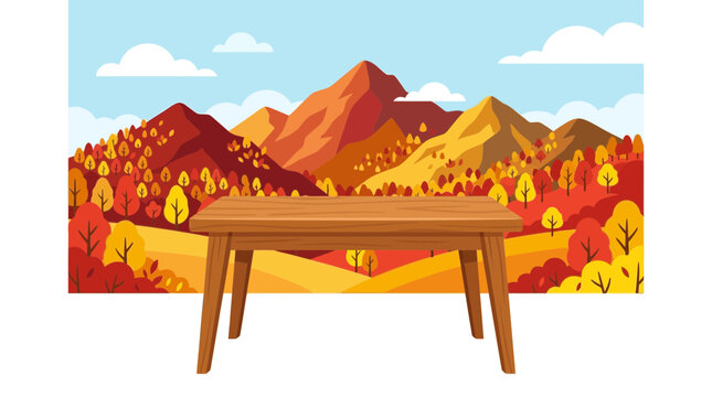 Long wooden table with autumn mountain landscape background