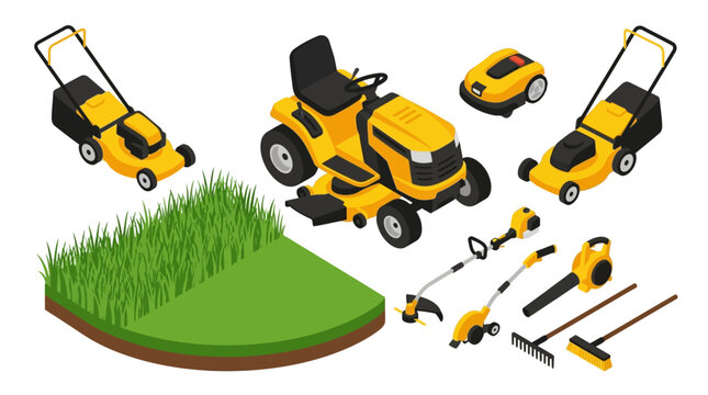 Lawn mower equipment and gardening tools set is shown in isometric vector illustration.