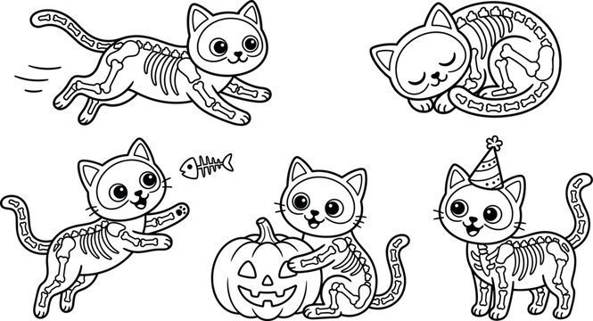 Skeleton cats in various poses are depicted as a black line art vector illustration on a white background feline anatomy