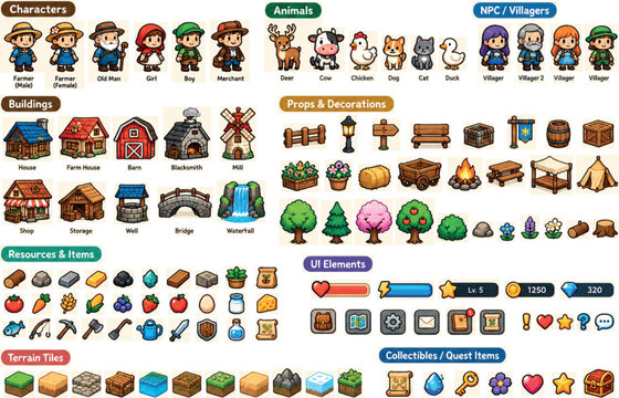 Pixel art game asset collection, retro RPG farm and village sprites, 2D fantasy world building kit with characters and icons