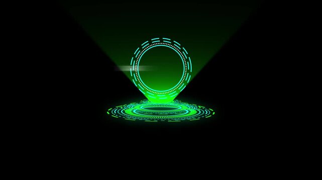 Digital autonomy hologram interface, futuristic green tech hud cybernetic data projection for artificial intelligence and innovation