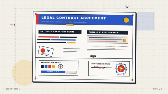 Legal contract agreement form with technical blueprint grid and typography