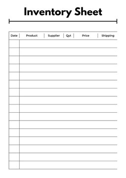 Professional Blank Inventory Sheet Template for Business Stock Tracking and Expenses Tracker Finance Planner Logistics