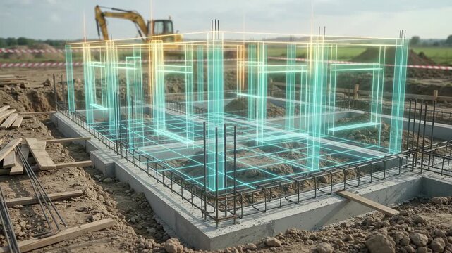 Construction site with excavator and concrete foundation featuring digital grid and structural framework, illustrating modern building planning, engineering design, and future infrastructure