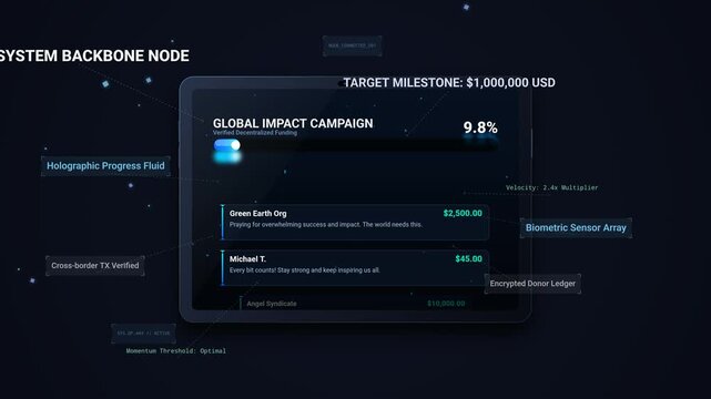 Crowdfunding campaign dashboard animation showing progress bar filling up to target milestone with incoming donations from various backers and tech interface elements