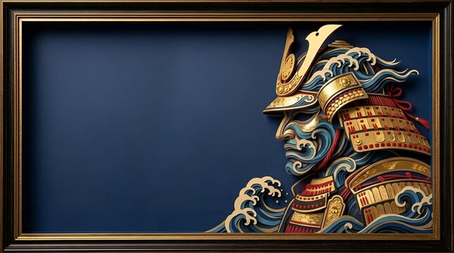 Samurai helmet and ocean wave 3D paper cut art with copy space in elegant frame