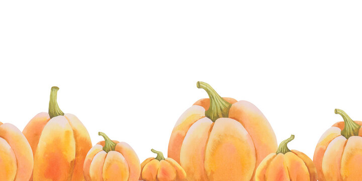 Watercolor illustration of orange pumpkins with leaves for harvest festival and Halloween. Hand drawn seamless border. Clipart for business cards, postcards, harvest and Halloween invitations