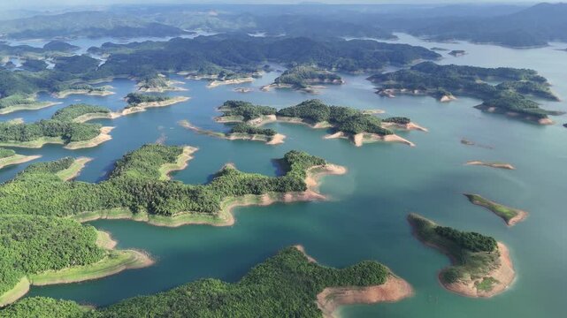Aerial view of Ta Dung Lake with many islands in Dak Nong, central Vietnam.