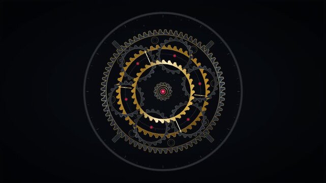 Luxurious Golden Steampunk Gear System with Symmetrical Mechanical Clockwork Design on Black Background