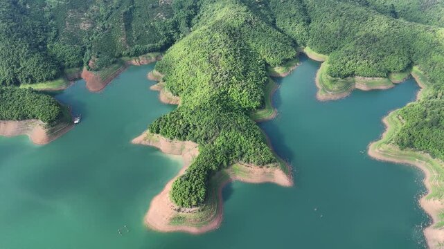 Aerial view of Ta Dung Lake with many islands in Dak Nong, central Vietnam.
