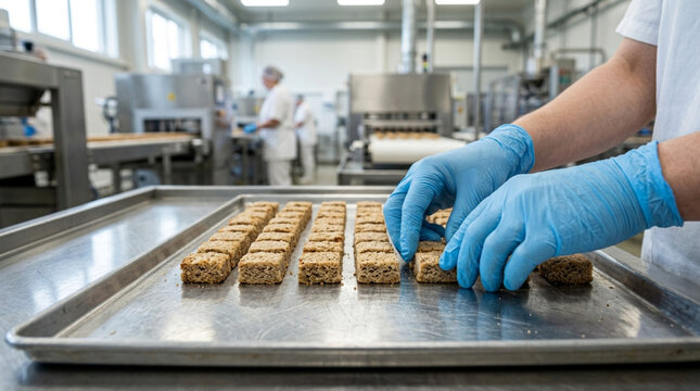 Worker arranging healthy cereal bars on baking tray in food factory production line