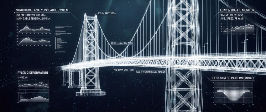 Structural analysis cable bridge system white wireframe interface monitoring traffic load and pylon stress for engineering safety inspection