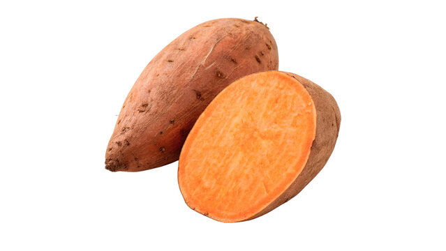 Fresh raw sweet potato batata root cut showing detailed orange organic inner texture