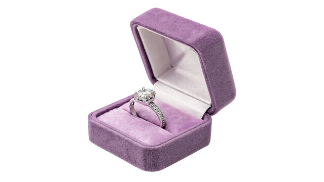 Open purple velvet jewelry box tailored for elegant diamond engagement ring presentation