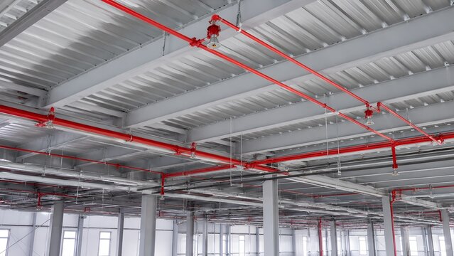 Fire Sprinkler Piping Network Under Ceiling of Industrial Building