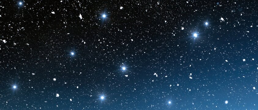 Abstract composition of falling snow against starry night sky with deep blue gradient