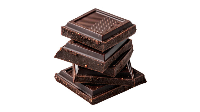 Stack of delicious dark chocolate blocks chunks sweet confectionery pieces isolated heap