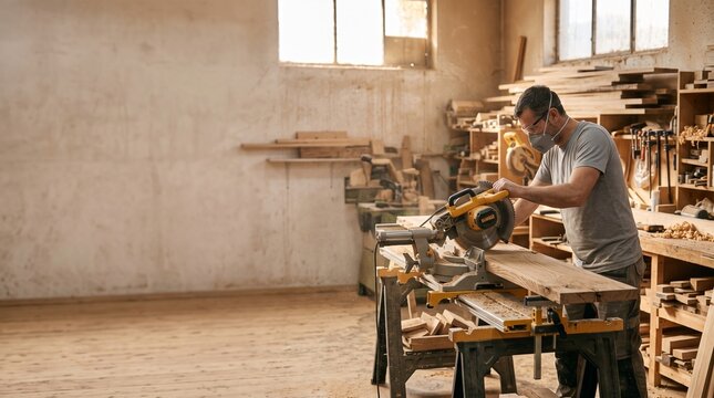 Carpenter cutting wooden plank with miter saw in professional workshop