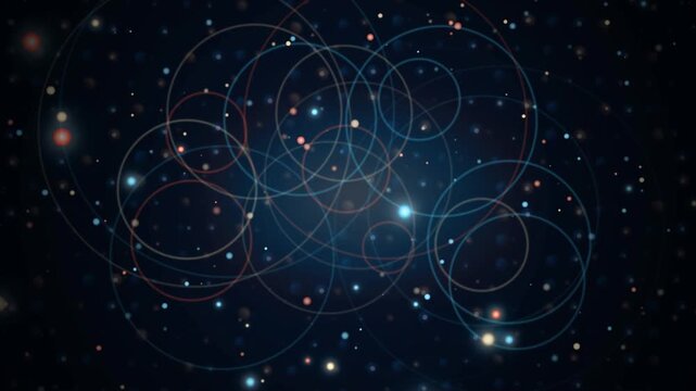 Abstract cosmic network with glowing nodes and circular orbital lines on a deep blue starry night background