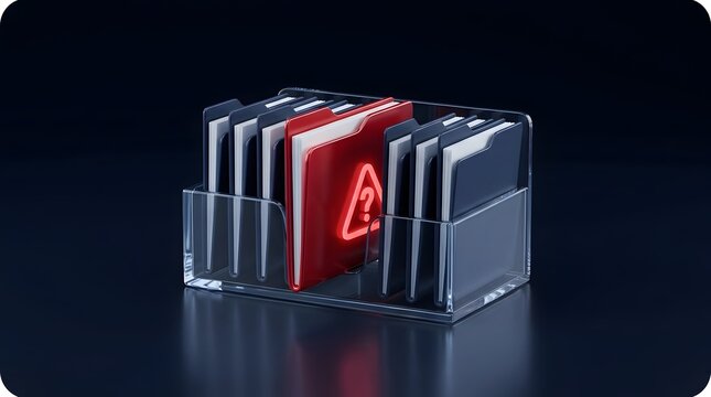 Red folder with glowing alert icon among blue files for data security and error concept