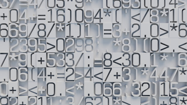 Abstract Array of Mathematical Symbols and Numbers in Random Pattern on Gradient Blue Background for Technology and Data Science Visuals