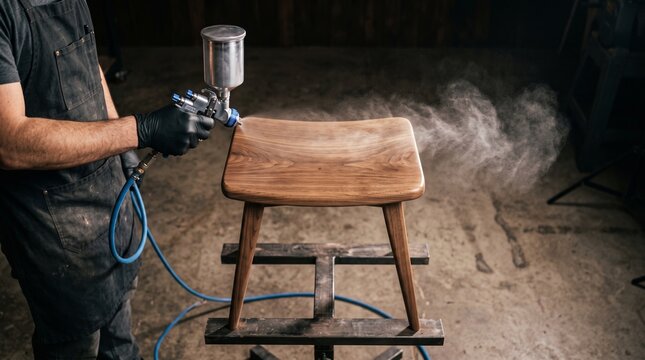 Craftsman using spray gun to apply protective finish to a wooden stool in workshop