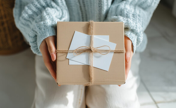 Hands hold a wrapped gift box with two blank cards on top in a cozy indoor space