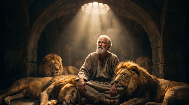 Biblical prophet Daniel looking up toward heavenly beam of light surrounded by sleeping lions in stone cell, illustration