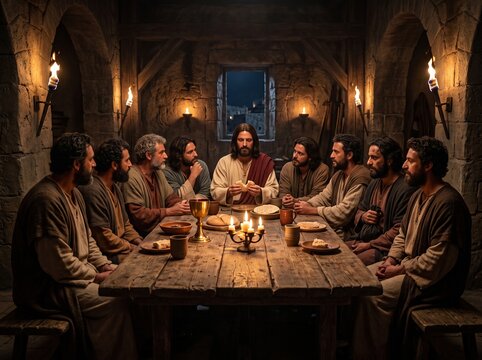 Jesus Christ breaking bread during the Last Supper with twelve disciples at wooden table in stone chamber, biblical scene illustration