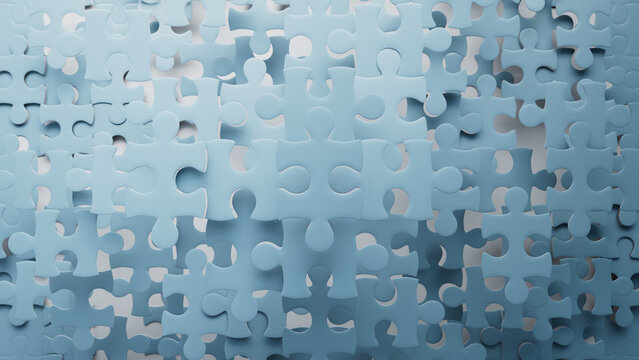 Light Blue 3D Jigsaw Puzzle Backdrop with Weightless Pieces. Scattered Concept.