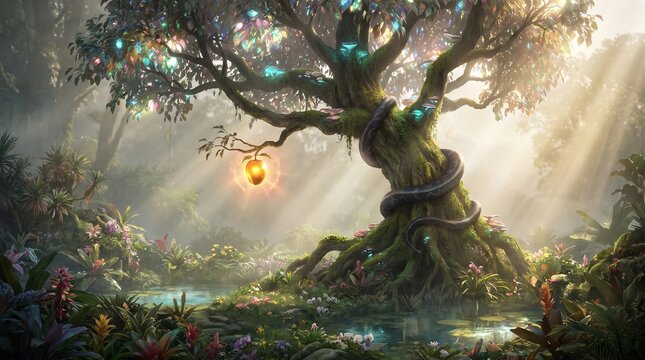 Glowing forbidden fruit on tree of knowledge with serpent wrapped around trunk in lush garden of eden, biblical scene illustration