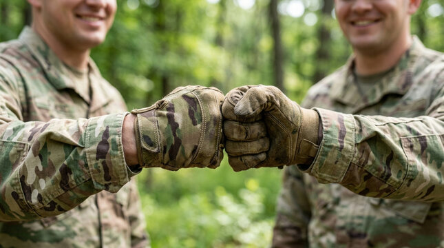 Soldiers Fist Bump in Forest, Teamwork and Camaraderie Concept