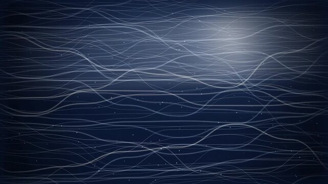 Abstract Blue Background with Glowing White Wave Lines representing Digital Data Flow and Connectivity