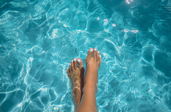 Feet in clear blue pool water during sunny day