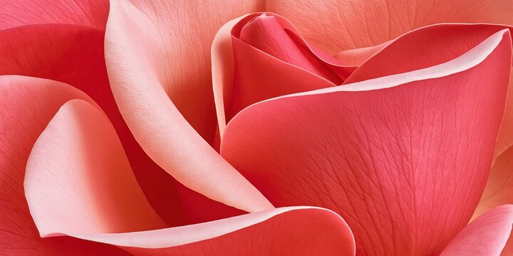 Soft focus macro of overlapping rose petals in velvety coral and pink tones