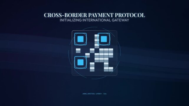 Futuristic HUD animation of a cross border payment protocol showing a QR code scan, real-time FX conversion from Japanese Yen to US Dollars, and zero knowledge proof verification for secure transfers