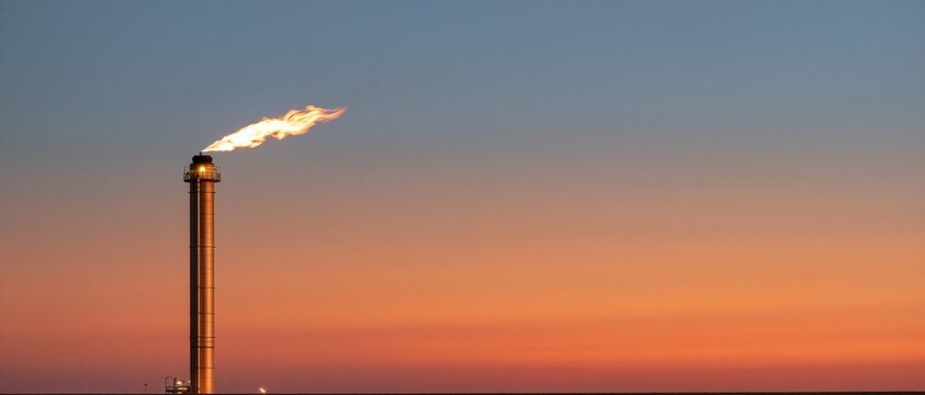 Industrial flare stack emitting flame against dusk sky