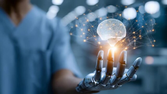 A robotic hand illuminated by a glowing network of digital connections symbolizes the integration of artificial intelligence in modern technology. Futuristic healthcare and innovation concept