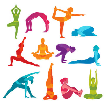 set vector illustration of colorful female silhouettes demonstrating various yoga postures and stretches. set of colorful yoga poses on white