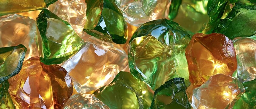 Extreme macro of glass cullet with soft backlighting showing green amber and clear fragments