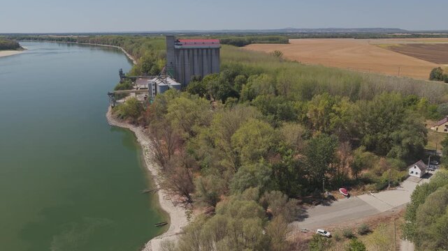 Aerial view of Grain Silos along the Danube dock where the river boats come to get loaded with grain